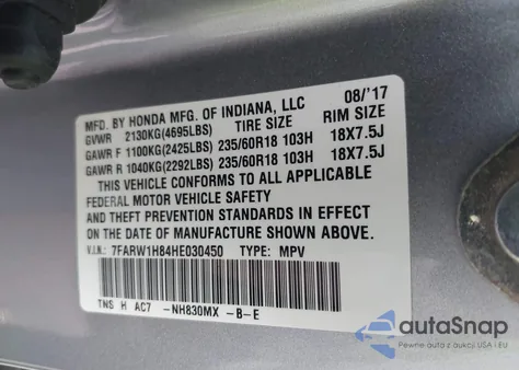 2017 Honda Cr-V Ex-L/Ex-L Navi из США, поврежденный, VIN 7FARW1H84HE030450